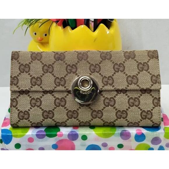 Gucci Eclipse Continental GG Monogram Brown Canvas Leather Trim Trifold Wallet - Picture 1 of 16